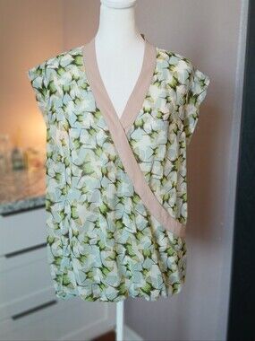 Cabi Butterfly Sheer Blouse Top Cross Over FrontSz L Sleeveless Beige & Mint